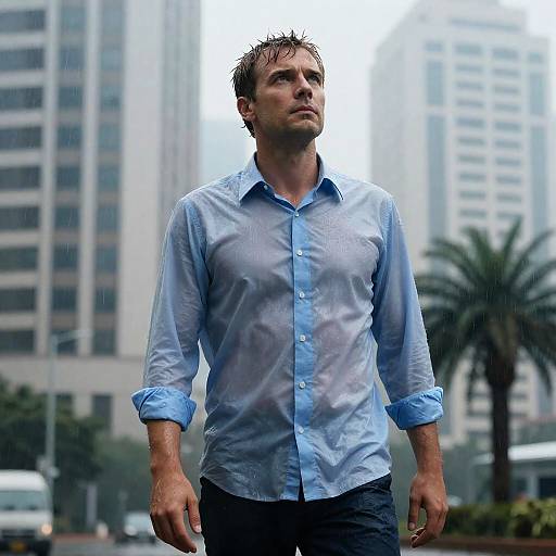 Determined Man in Urban Rain Scene