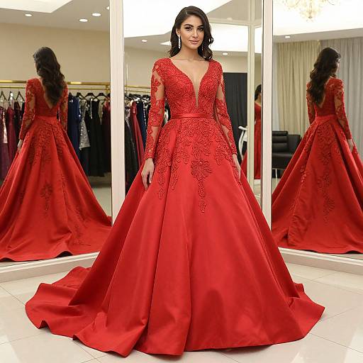 Photograph of a dark-haired woman in a red, long-sleeve, V-neck, lace-embellished ball gown, standing in a