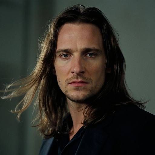Photograph of a serious-looking man with long, brown, slightly wavy hair, blue eyes, and light stubble, wearing a black jacket,