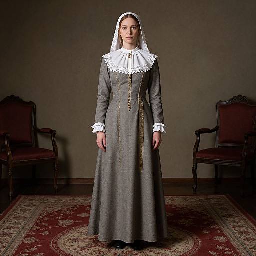 Photograph of a woman in a Victorian-style grey nun's dress with white lace collar and headcovering, standing on a patterned rug between two dark