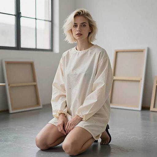 Photograph of a blonde woman with short hair, wearing a loose, cream-colored shirt, kneeling on a gray floor in a bright, minimalistic room