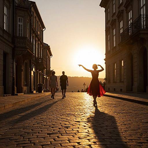 Silhouetted woman in red dress dancing on cobblestone street at sunset, with two walkers in background, between ornate buildings.