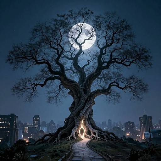 Digital art: A towering, leafless tree with twisted branches stands in front of a full moon, illuminating a winding path through a dark, city