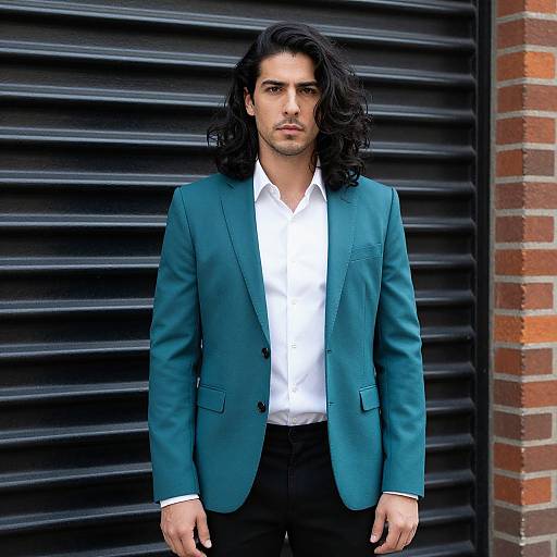 Photograph of a handsome, dark-haired man with wavy locks, wearing a teal blazer over a white shirt, standing against a black shuttered