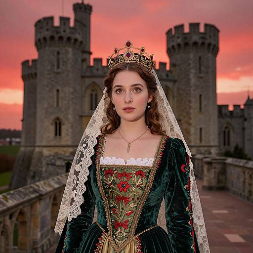 Photograph of a fair-skinned woman with brown hair wearing a medieval gown, lace veil, and crown, standing before a castle at sunset. Red