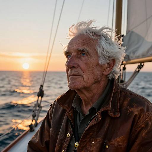 Photograph of an elderly white man with white, windswept hair, wearing a brown jacket, sailing at sunset with the ocean and boat rigging