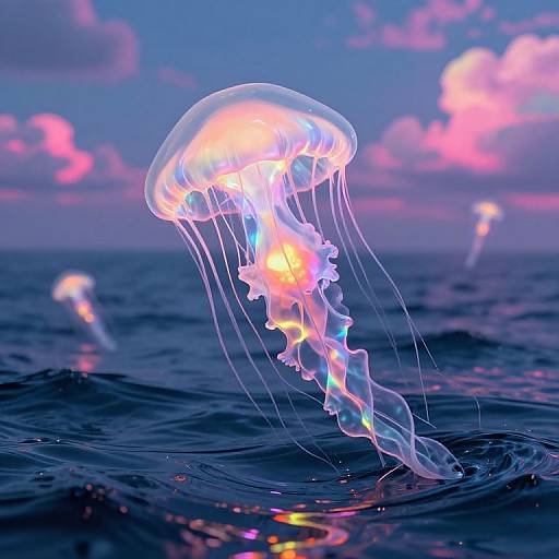 Photorealistic CGI of a glowing, neon-colored jellyfish floating in dark blue ocean water at sunset, with pink and purple clouds in the background.