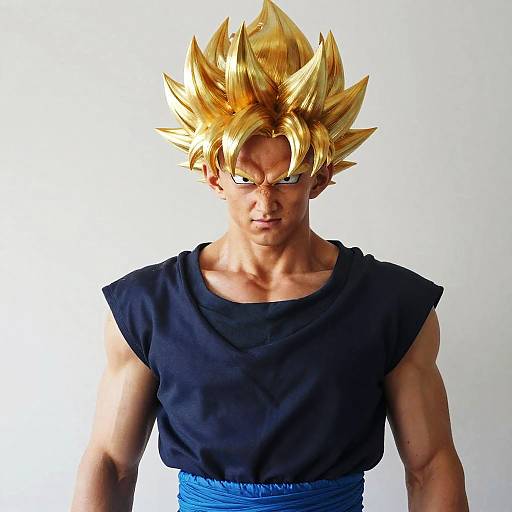 Photograph of a muscular man with spiky, golden blonde hair, wearing a black sleeveless shirt and blue pants, resembling Goku from Dragon Ball.