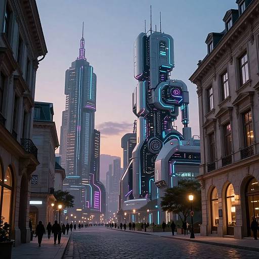 Digital art of a futuristic city street at dusk, featuring neon-lit skyscrapers, cyberpunk architecture, and pedestrians walking along cobblestone pavement
