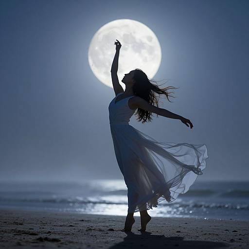 Silhouetted woman in flowing dress dances under full moon, ocean waves behind; blue, ethereal night scene, photograph.