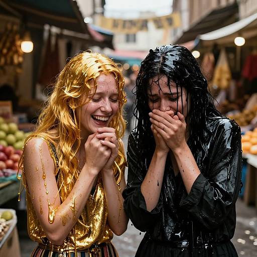 Photograph of two women with wet, colorful hair laughing in a rainy market; one with blonde hair in a gold top, the other with black hair