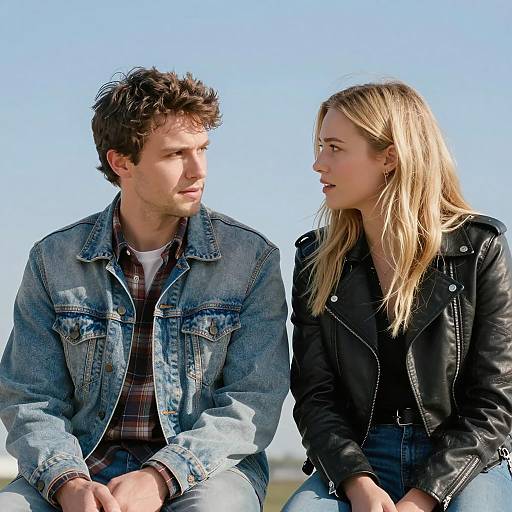 Photograph of a young, curly-haired man in a denim jacket and plaid shirt, and a blonde woman in a black leather jacket, sitting outdoors