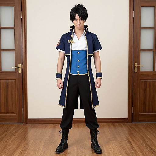 Photograph of a young man with black hair, wearing a navy blue and gold-trimmed coat, white shirt, black pants, and boots,