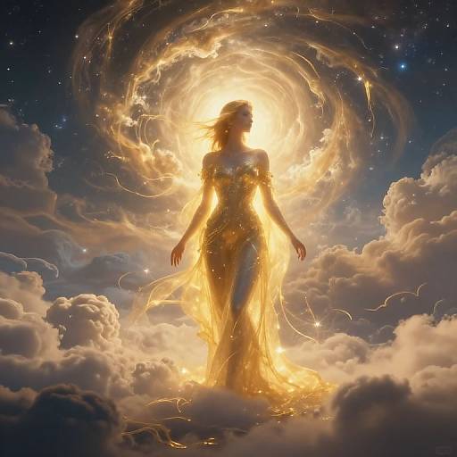 Digital artwork of a glowing, ethereal woman in a golden, flowing dress, standing amidst clouds, surrounded by swirling celestial light.