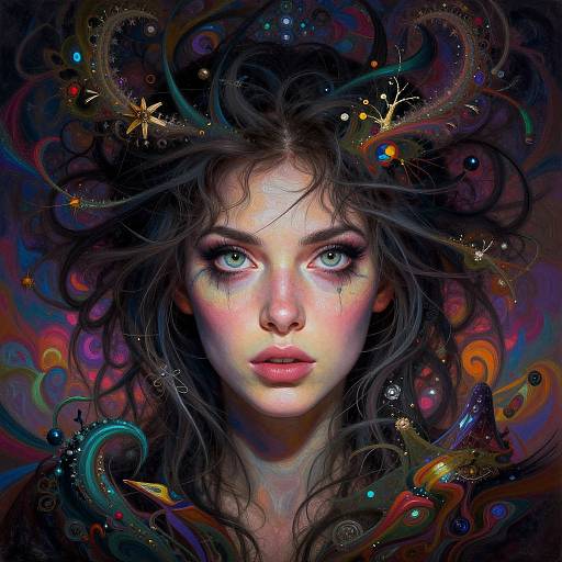 Digital painting of a pale-skinned woman with striking blue eyes, black wavy hair, surrounded by vibrant, swirling cosmic patterns and colorful stars. Eth