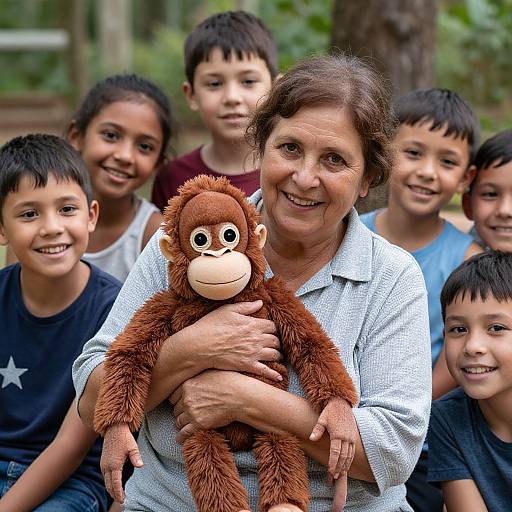 Photograph of a smiling middle-aged woman with brown hair, wearing a white shirt, holding a brown plush monkey, surrounded by six smiling children in casual