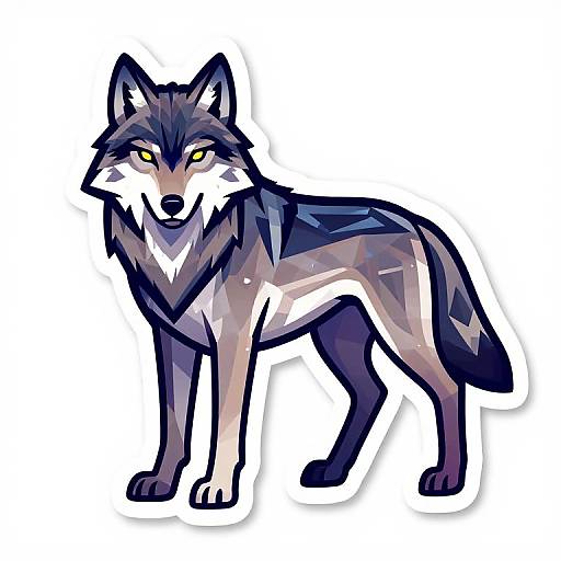 Digital drawing of a stylized wolf with vibrant, geometric fur patterns in shades of blue, gray, and white, and striking yellow eyes, standing against