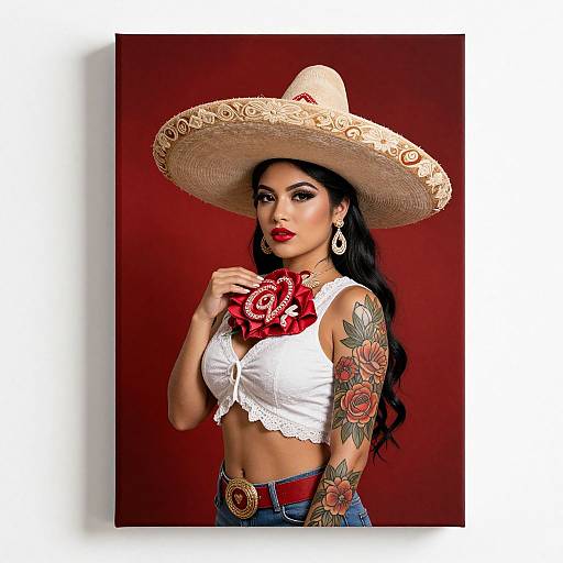 Photograph of a Latina woman with long black hair, wearing a white lace crop top, denim jeans, red bandana, large sombrero, and