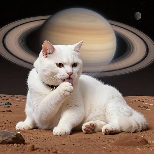 Photograph of a white cat with a black collar, lying on a rocky, reddish surface, with Saturn and its rings in the background. The
