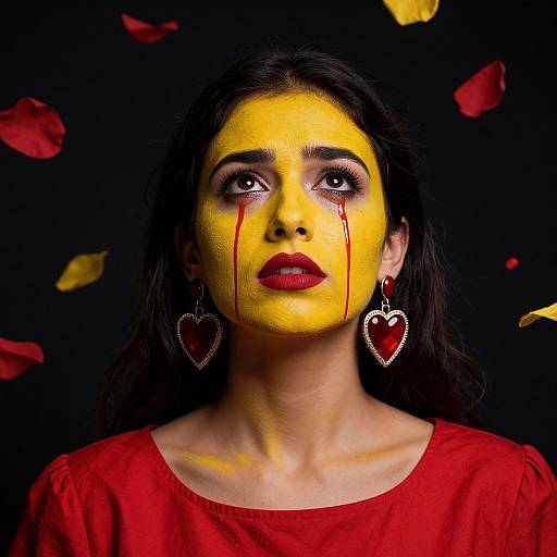 Photograph of a woman with yellow face paint, red lips, heart-shaped earrings, red dress, and blood-like streaks on her face, set