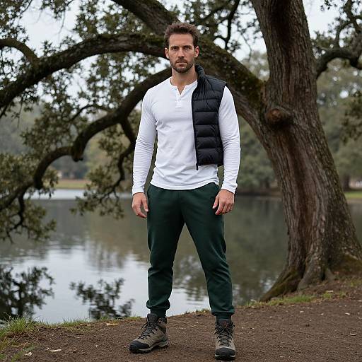 Photograph of a bearded man with short dark hair, wearing a white long-sleeve shirt, black puffer vest, green pants, and