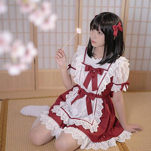 Young Woman in Lace Dress with Cherry Blossoms