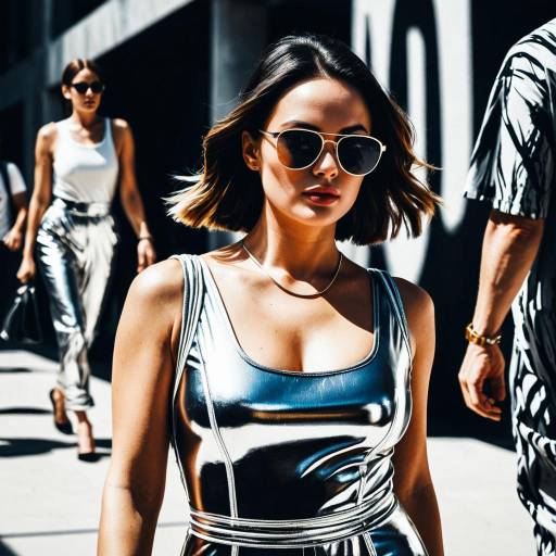 Stylish Woman in Metallic Jumpsuit and Sunglasses