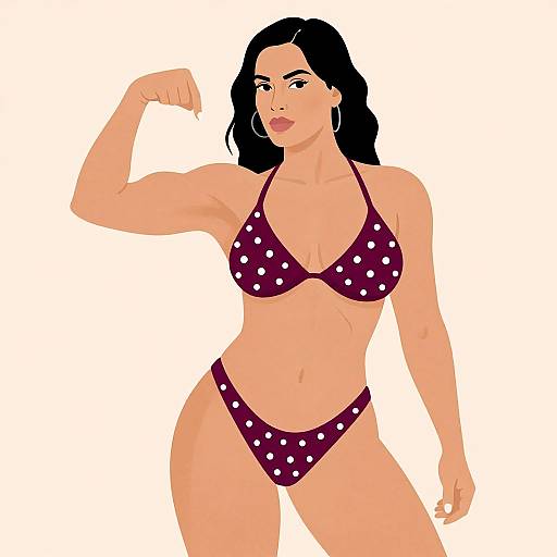 Digital illustration of a muscular woman with fair skin, black hair, wearing a purple polka-dot bikini, flexing her right arm, against a white