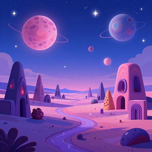 Digital illustration of a surreal, purple-hued alien landscape with glowing pink and blue planets, whimsical dome-shaped buildings, and a winding river under a
