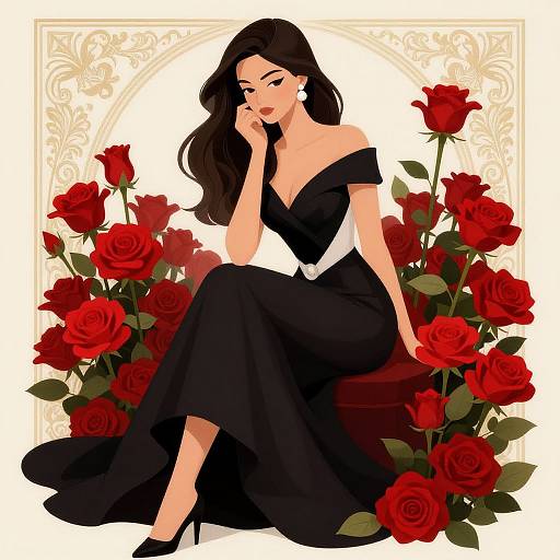 Digital illustration of a beautiful woman with long black hair, wearing an off-shoulder black dress, sitting among vibrant red roses. She gazes confidently