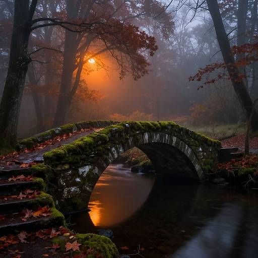 Misty forest at sunrise with glowing orange sun, moss-covered stone bridge, and calm reflecting water, surrounded by autumn leaves and trees. Photographic image