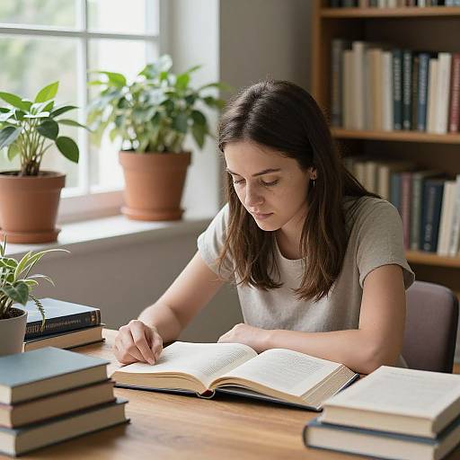 Photograph of a young woman with straight brown hair, wearing a white t-shirt, reading a book at a wooden table, surrounded by potted plants
