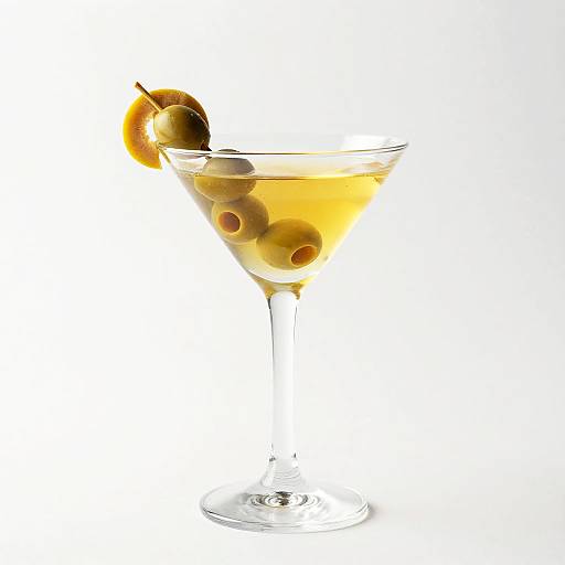 Photograph of a martini glass filled with golden liquid, garnished with a lemon slice and green olives, against a white background.