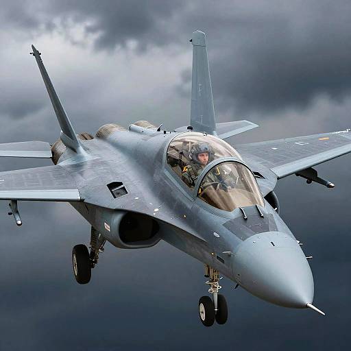 Photorealistic digital image of a gray F-16 fighter jet with a cockpit canopy, flying against a dramatic, cloudy sky.
