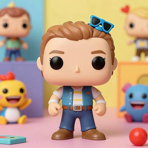 Chibi-style cartoon figure of a brown-haired man with blue overalls, white shirt, brown shoes, and blue sunglasses, surrounded by colorful, cheerful