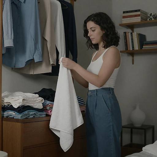 Woman Folding Towel in Bedroom