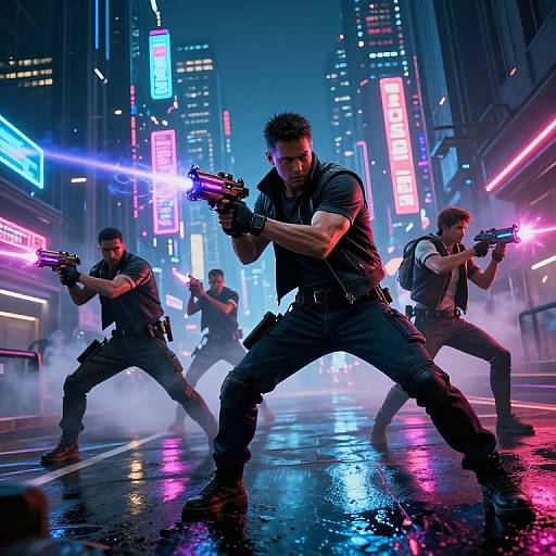 Photorealistic digital art: Four armed men in black tactical gear, crouched in neon-lit urban street, firing glowing guns, surrounded by