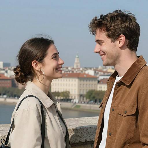 Smiling Couple Against Cityscape Background