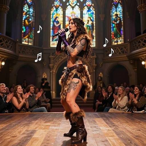 Photograph of a tattooed woman with long black hair, wearing fur-trimmed leather outfit and boots, singing into a microphone on a wooden stage