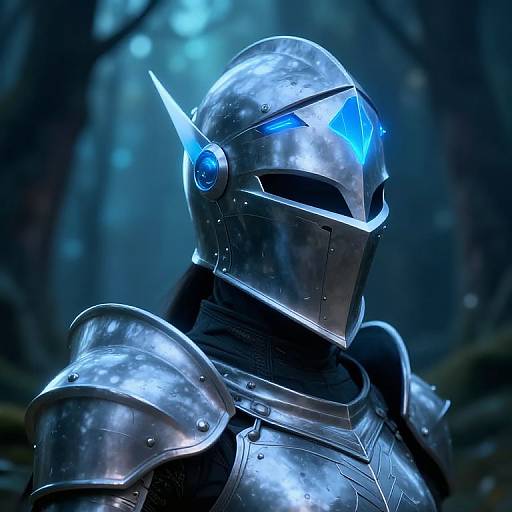Photorealistic CGI of a futuristic, blue-lit, silver armored knight with angular helmet and glowing visor, set in a dark, forested