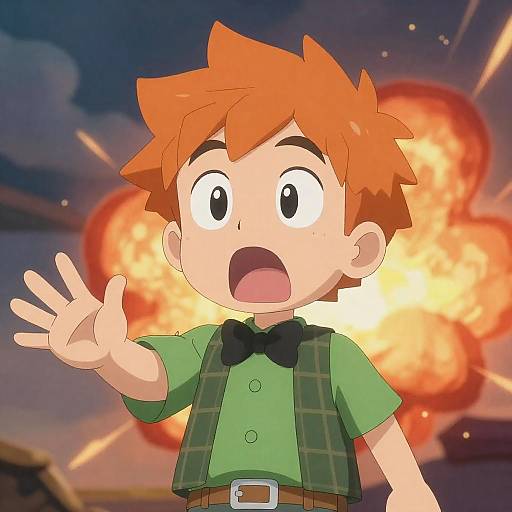 Surprised Cartoon Boy in Fiery Scene