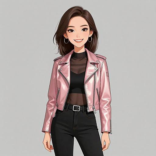 Digital anime-style drawing of a smiling Asian woman with straight black hair, wearing a pink leather jacket, black turtleneck, and black pants, against