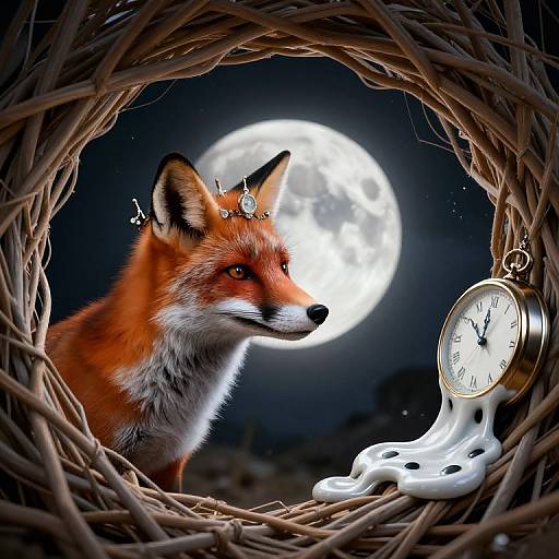 Photograph of a red fox with a crown, inside a wicker frame, gazing at a silver clock against a bright full moon.
