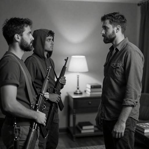Black-and-White Standoff in Dim Room