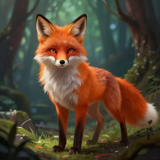Digital painting of a vivid orange fox with striking red eyes, standing in a lush, sun-dappled forest with moss-covered ground.