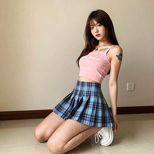 Photograph of an Asian woman with long black hair, wearing a pink crop top, blue plaid skirt, fishnet stockings, and white sneakers,