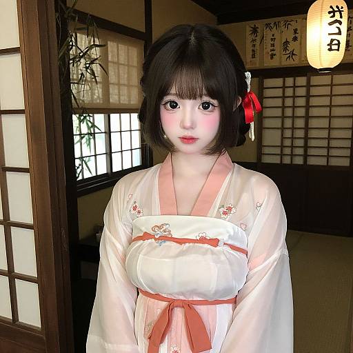 Digital CGI image of a young Japanese woman with short black hair, wearing a white kimono with pink accents, standing in a traditional Japanese room with sh
