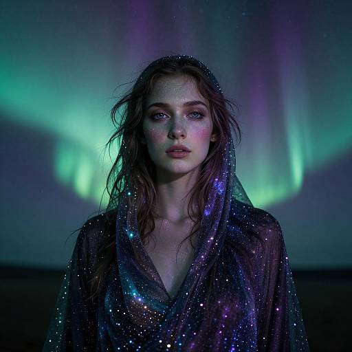 Photograph of a young woman with wet, wavy brown hair, wearing a sparkly, galaxy-patterned shawl, against a backdrop of vibrant