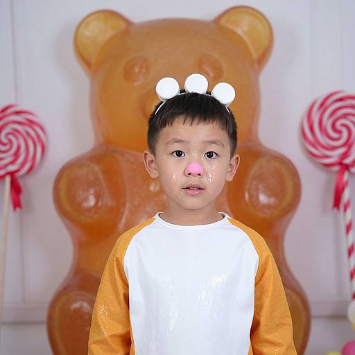 Photograph of an Asian toddler with short black hair, wearing a white and orange raglan shirt, standing in front of a large orange teddy bear