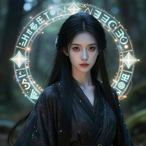 Digital artwork of an ethereal Asian woman with long black hair, wearing a dark robe, surrounded by a glowing, star-patterned halo in a forest